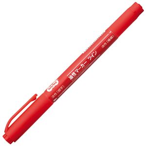 (まとめ) TANOSEE キャップ式油性マーカー ツイン 細字+極細 赤 1本 【×20セット】