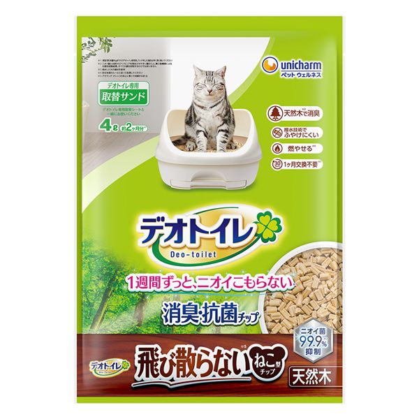 ユニ・チャーム デオトイレ 消臭・抗菌チップ天然木 飛び散らないねこ型チップ 4.0L 犬猫 衛生用品【代引不可】