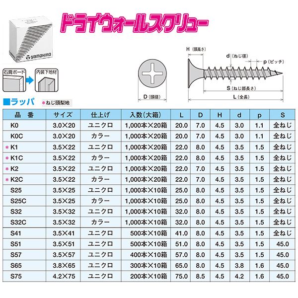 軽天・内装工事用ビス K2 3.5×22 ラッパ頭 [1000本入]【0010-00065】