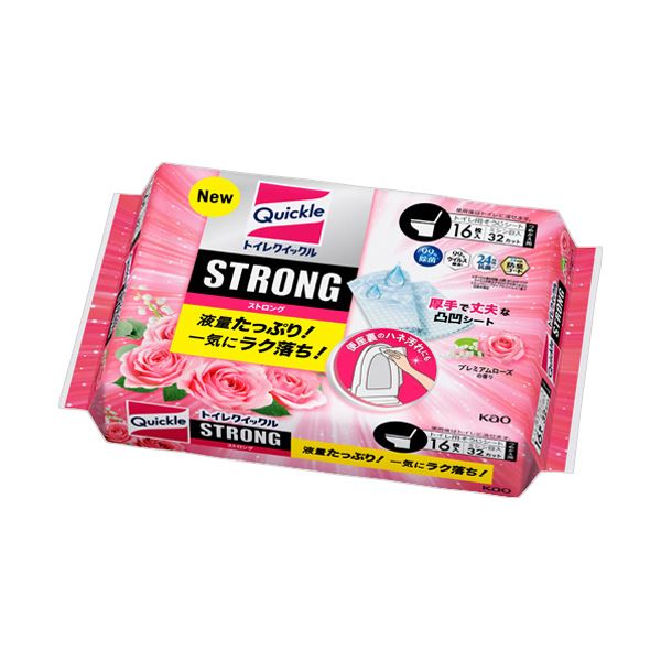 （まとめ） 花王トイレクイックル STRONG プレミアムローズの香り つめかえ用 1パック（16枚：8枚×2個） 【×3セット】