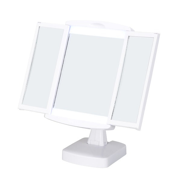 キレイミラー(ホワイト/白) LED/ライト付/2WAY/三面鏡/拡大鏡/卓上ミラー/手鏡/メイク/化粧/スタンド/折りたたみ/回転式/光る/完成品/NK-2710