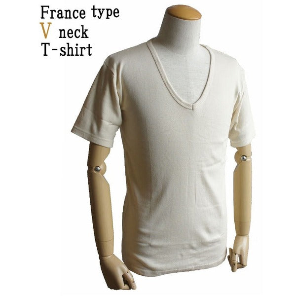フランス軍 Vネック Tシャツ 後染め マスタード9 L レプリカ 綿混 吸水性 ビンテージ風 半袖 ティーシャツ ミリタリーウェア