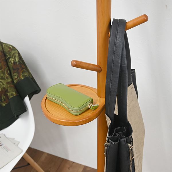 ポールハンガー 高さ165.5cm ブラウン 木製 天然木 トレー付き 工具不要 収納家具 コートハンガー コート掛け 組立品