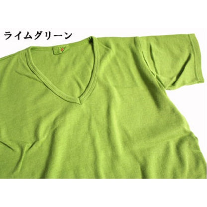 フランス軍 Vネック Tシャツ 後染め ライム グリーン7 M レプリカ 綿混 吸水性 ビンテージ風 半袖 ティーシャツ ミリタリー