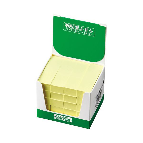 （まとめ） TANOSEE強粘着ふせん 50×15mm パステルカラー・イエロー 1パック（20冊） 【×2セット】